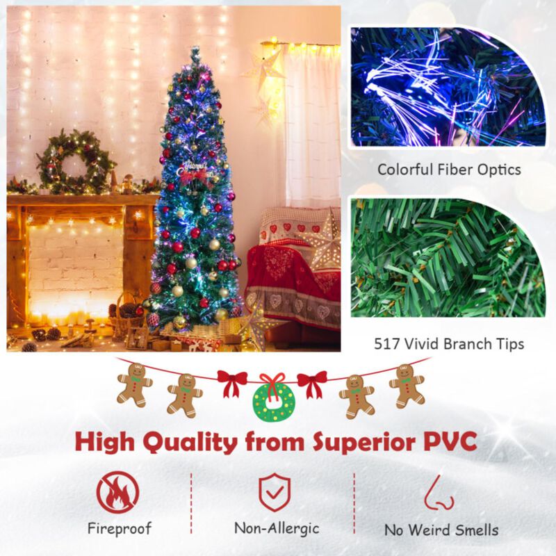 Hivvago 5/6/7/8 FT Pre-Lit Christmas Pencil Tree with Colorful Fiber Optics Green