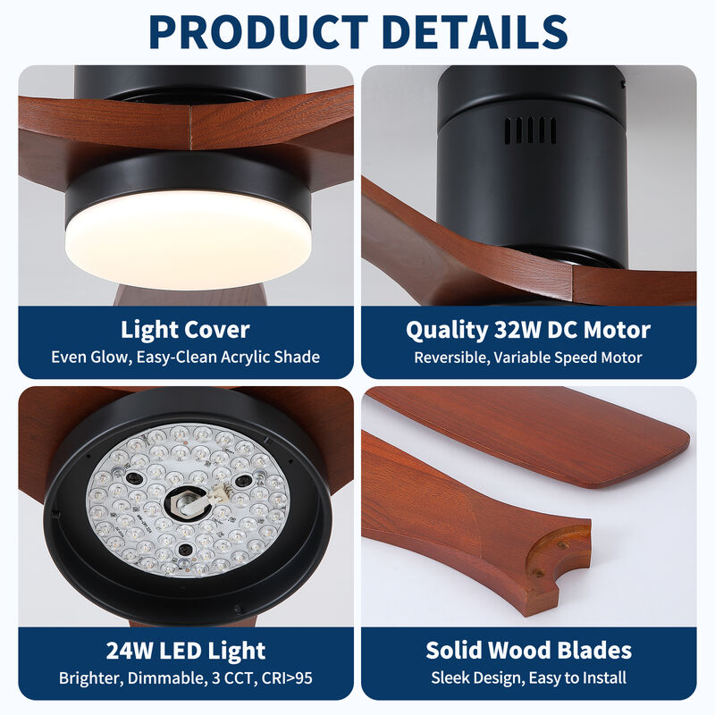 52 inch Matte Black Farmhouse Retro Solid Wood Flush Mount Intergrated LED Ceiling Fan with Light image number 4