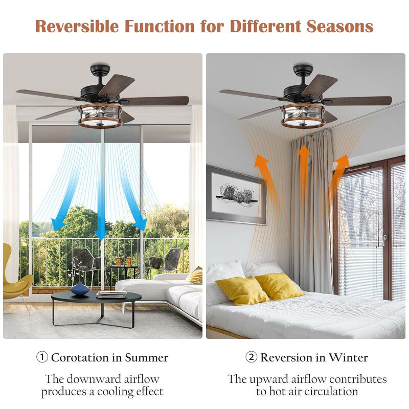 52" Retro Ceiling Fan Lamp with Glass Shade Reversible Blade Remote Control