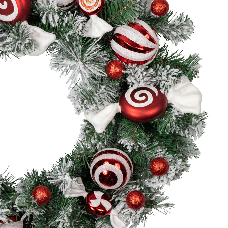 Frosted Pine Artificial Christmas Wreath with Swirled Candy Ornaments  24-Inch image number 2