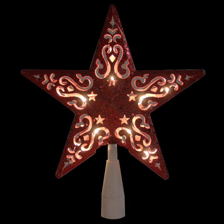 8.5" Red Glitter 5 Point Star Cut-Out Christmas Tree Topper - Clear Lights