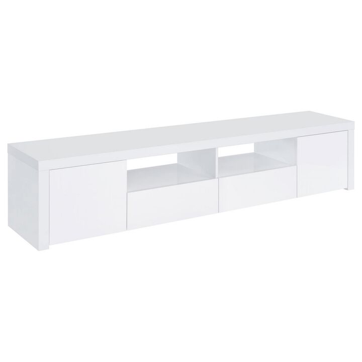 79 Inch TV Media Entertainment Console, 2 Drawers, Shelves, Wood, White - Benzara