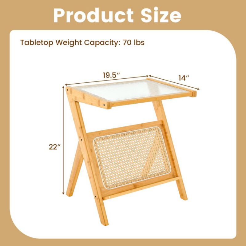 Hivvago Boho End Table with Magazine Rack and Tempered Glass Top