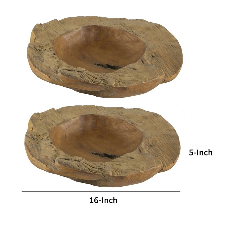 Set of 2 Decoratie Teak Wood Table Bowls, Brown, Natural Edge, Brown Finish - Benzara