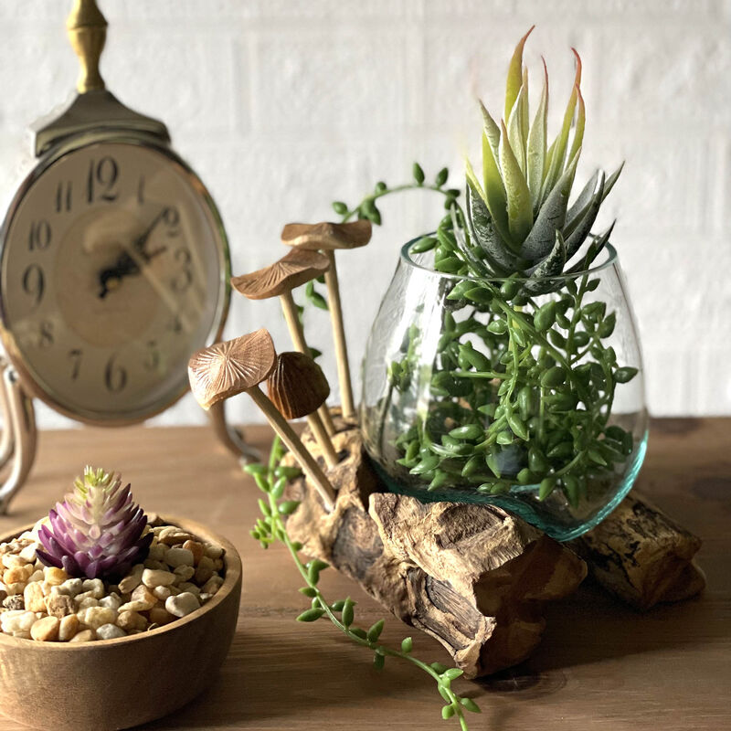 Handcrafted Glass Vase with Teak Driftwood and Wood Mushroom Embellishments image number 5
