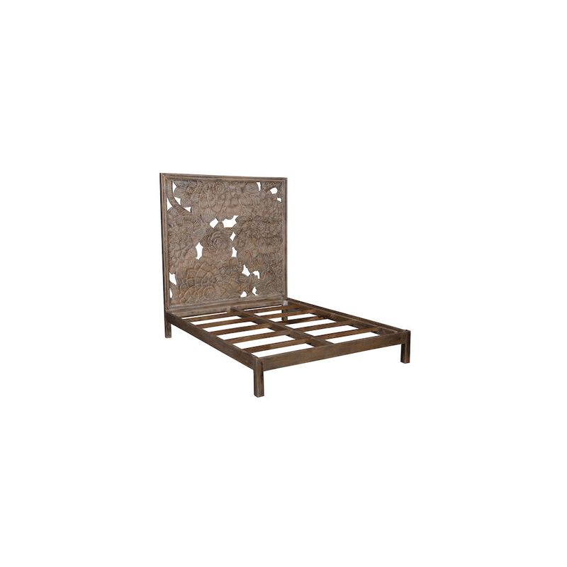 Porter Designs Dahlia Hand Carved Motif Queen Bed, Brown image number 1