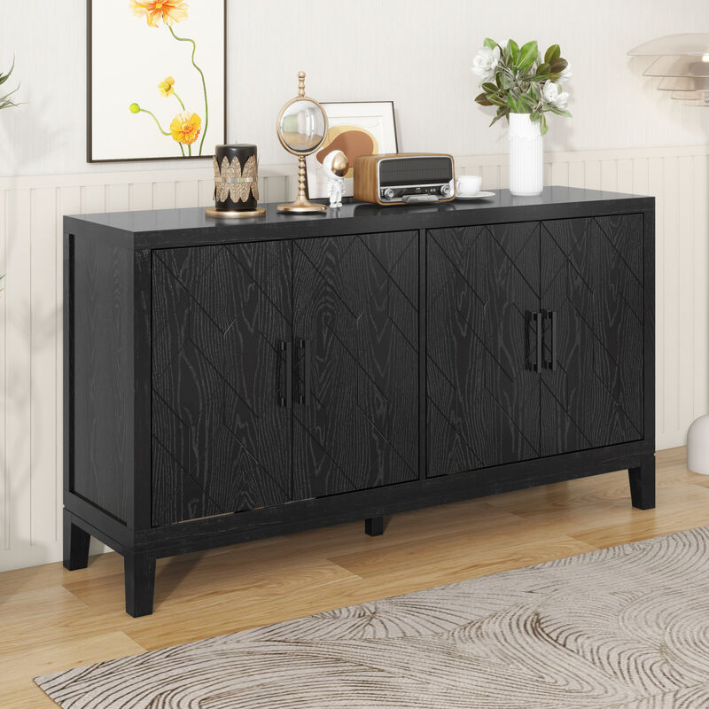 4door Retro Sideboard with Adjustable Shelves, Two Large Cabinet with Long Handle, for Living Room and Dining Room (Black)
