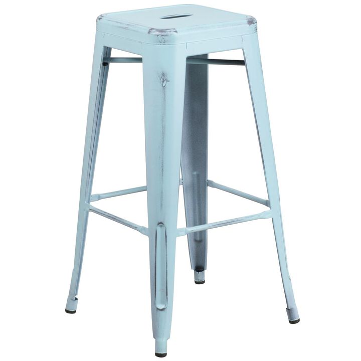 Flash Furniture Kai Commercial Grade 30" High Backless Distressed Green-Blue Metal Indoor-Outdoor Barstool