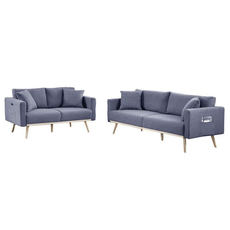 Mico 75 Inch 2 Piece Sofa and Loveseat Set, USB Ports, Dark Gray Fabric