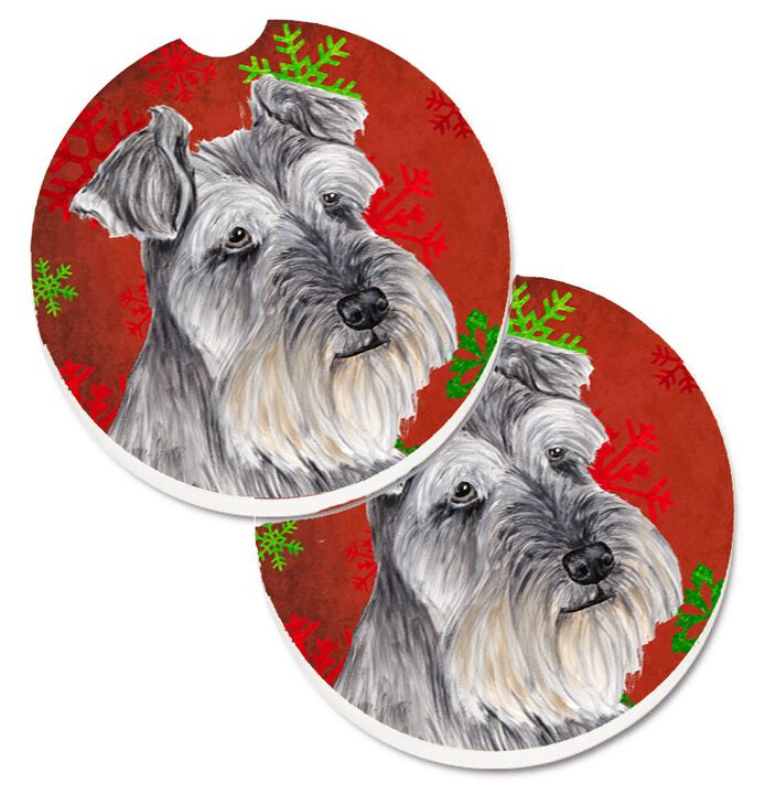 Caroline's Treasures Schnauzer Red & green Snowflakes Holiday Christmas Set of 2 Cup Holder Car Coasters SC9433CARC, 2.56, Multicolor