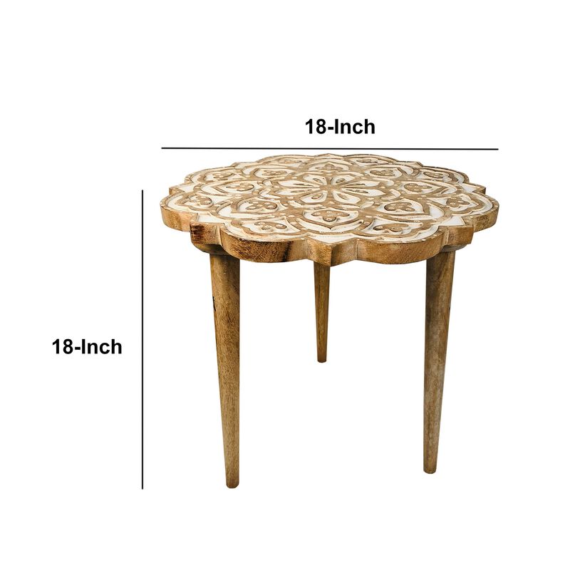 18 Inch Handcrafted Mango Wood Side End Table, Floral Carved Top, Tripod Base, Antique Brown, White-Benzara