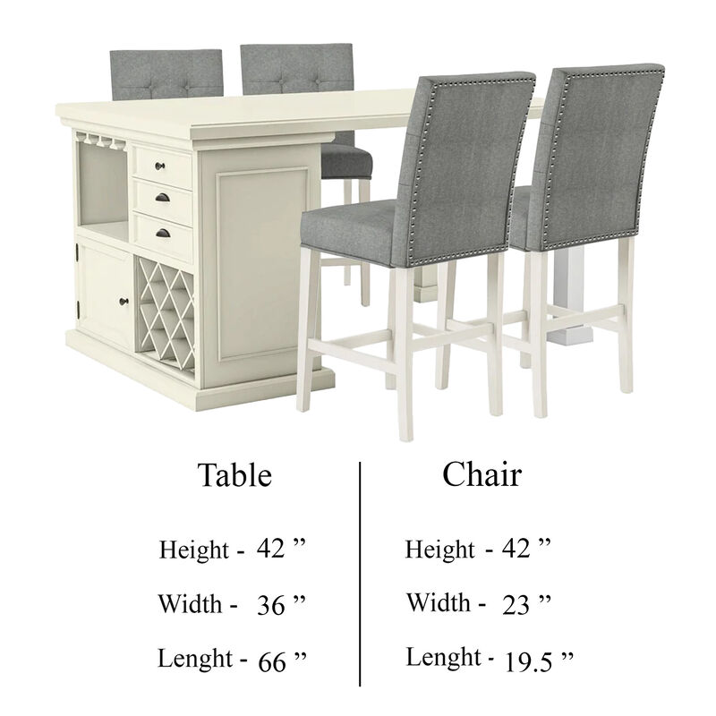 Tino 5pc Counter Height Table and Chair Set, Antique White Solid Wood - Benzara