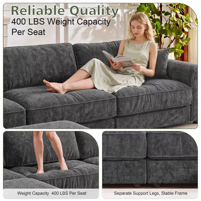 Vipbear 118" Modular L-Shaped Cloud Couch with Movable Ottoman, Chenille Sectional Sofa Living Room image number 3