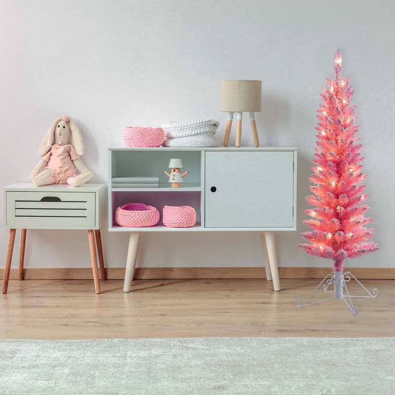 4 Foot Prelit Pink Cotton Candy Flocked Fir Christmas Tree image number 3