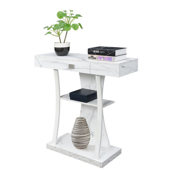 Convenience Concepts Newport 1 Drawer Harri Console Table with Shelves, White Faux Marble/White Base