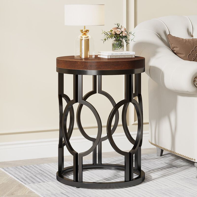 Industrial Round End Table, Side Table with Metal Hollow Frame image number 7