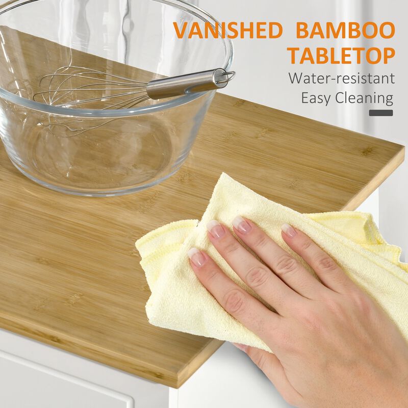 White Kitchen Helper: Mobile Island with Bamboo Top and Storage