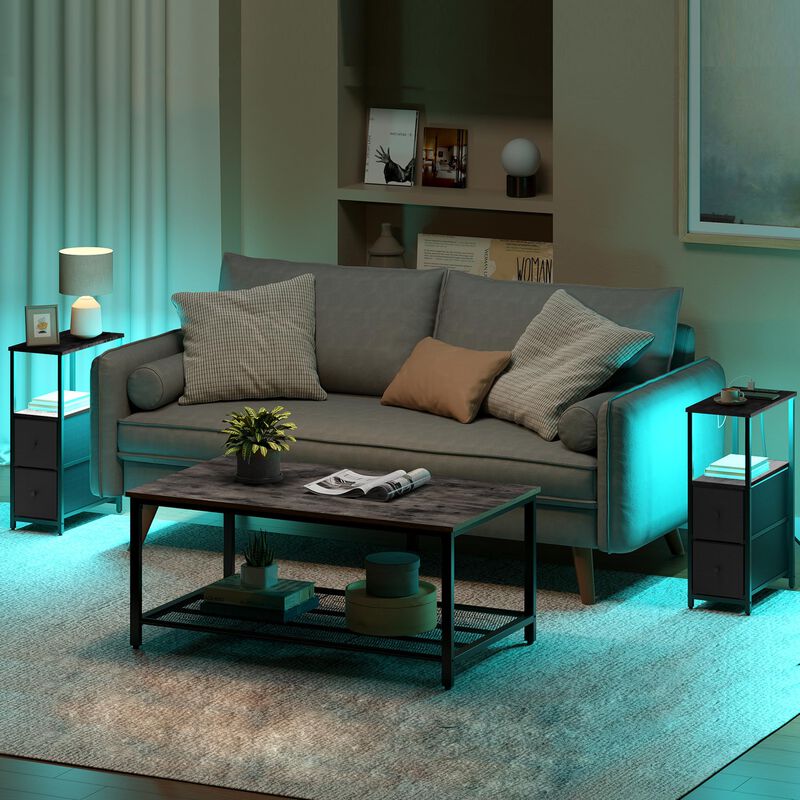TUTOTAK Small Narrow LED End Table with Charging Station, Side Table Outlets, Nightstand with 2 Cloth Drawers, Set of 2, Couch T