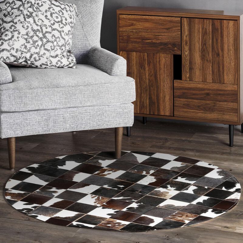 Round Cowhide Rug Black Brown White Patchwork Leather Rug, Handmade Genuine Cowhide Area Carpet, Farmhouse Rustic Round Decor
