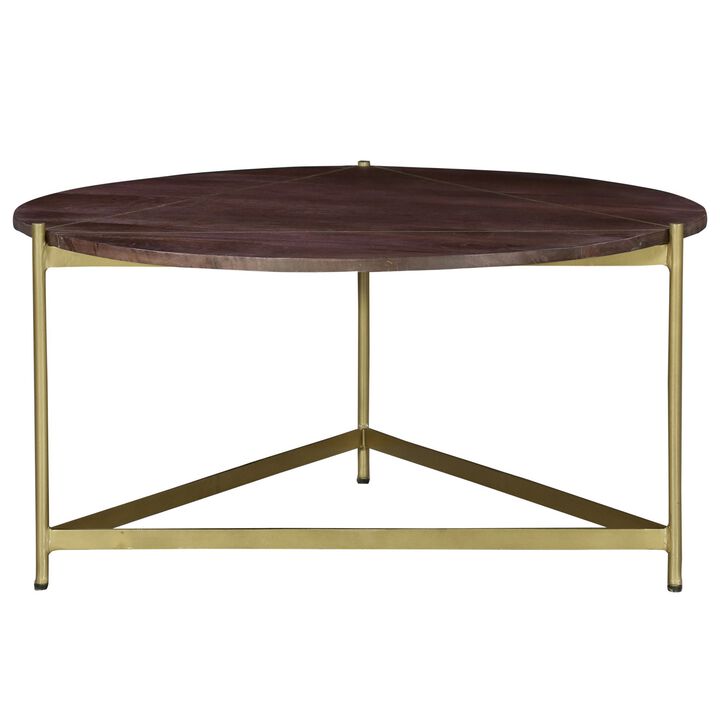 Ellis 32 Inch Round Wood Coffee Table with Brass Metal Base, Brown, Matte Gold-Benzara