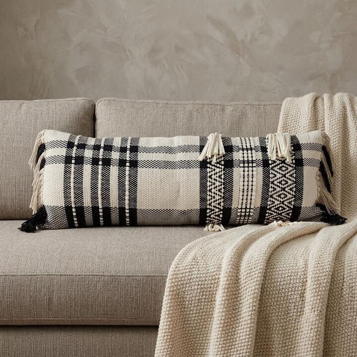 HomeRoots 12" X 35" Black and White Plaid Cotton Lumbar Throw Pillow With Fringe