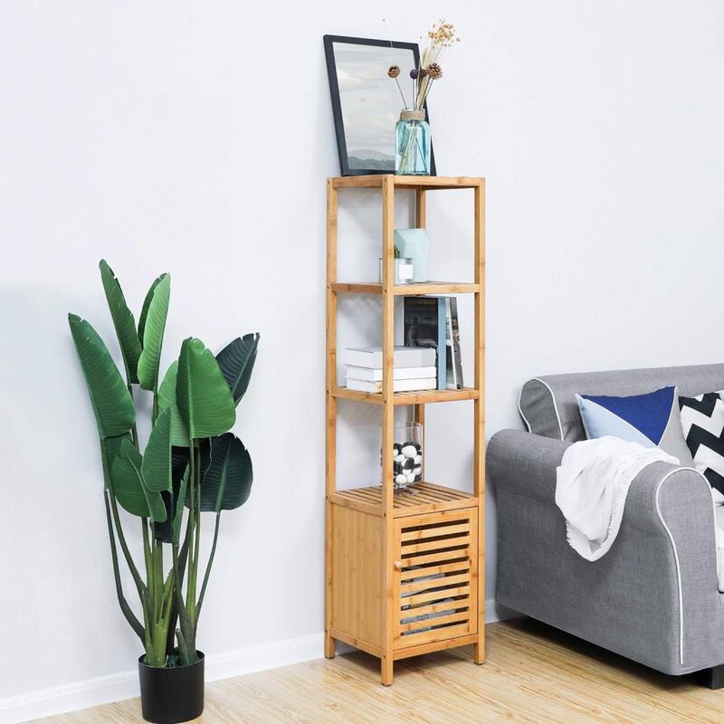 Hivvago Slim 3-Shelf Bamboo Wood Bookcase Shelving Unit with Bottom Storage Cabinet