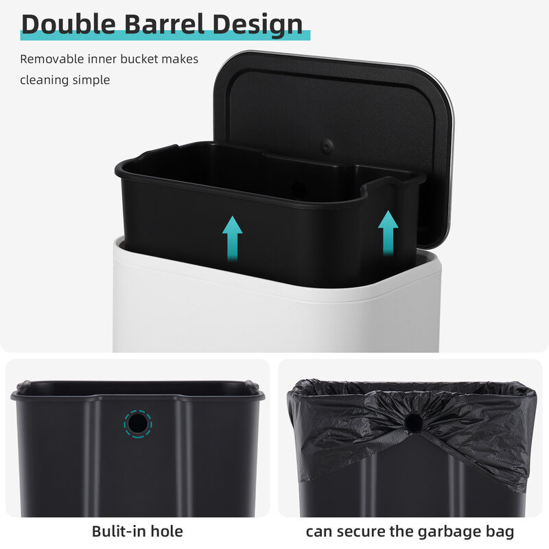 Modern Stainless Steel Trash Can, Soft Close Lid, Step Pedal, Removable Inner Bucket, Rectangular Durable Design image number 3