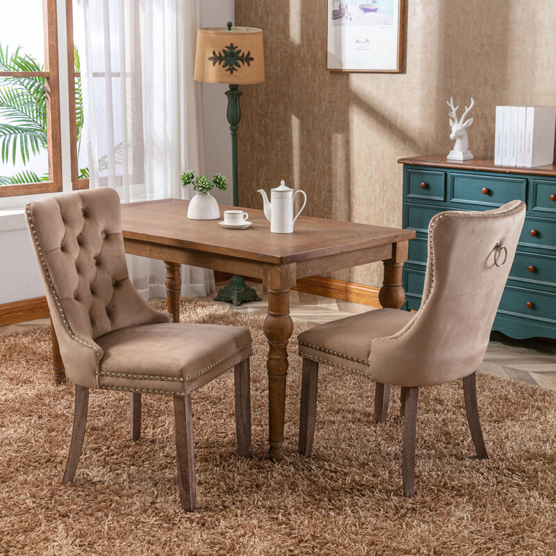 Streamdale 2 Pieces Set, Khaki Velvet Dining Chairs With Wood Legs image number 8