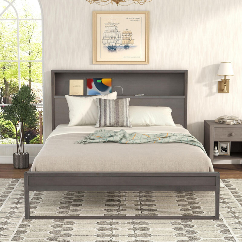 Platform Bed with Storage Headboard,Sockets and USB Ports,Queen Size Platform Bed,Antique Gray