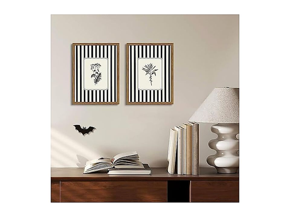 Framed Vintage Botanical Wall Art Set 2 Black White Striped Floral Canvas Decor