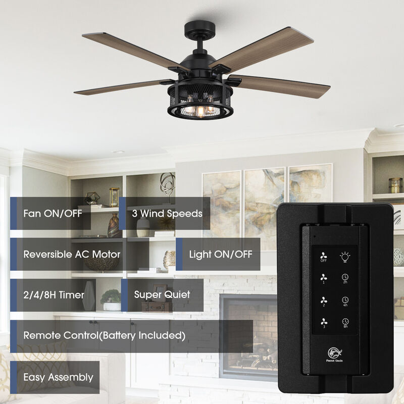 52 in. Industrial Mesh Metal Reversible Blades Black Ceiling Fan with Light and Remote