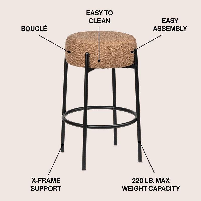Paola Modern Minimalist Round Backless Metal/Bouclé Cushioned Counter Stool