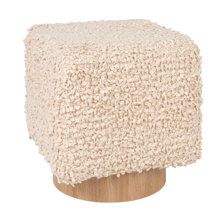 Boucle Upholstered Cotton Woven Stool with Light Wood Base, Ivory