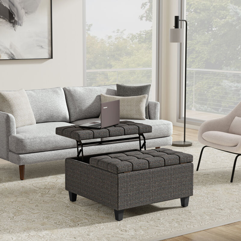 Harrison 30 inch Wide Transitional Square Small Coffee Table Storage Ottoman in Ebony Tweed Polyester, Assembled image number 9