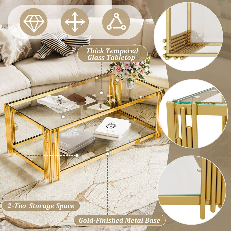 Merax Modern Black Mirror Coffee Table - Gold Asymmetrical Metal Frame with Lower Shelf image number 3