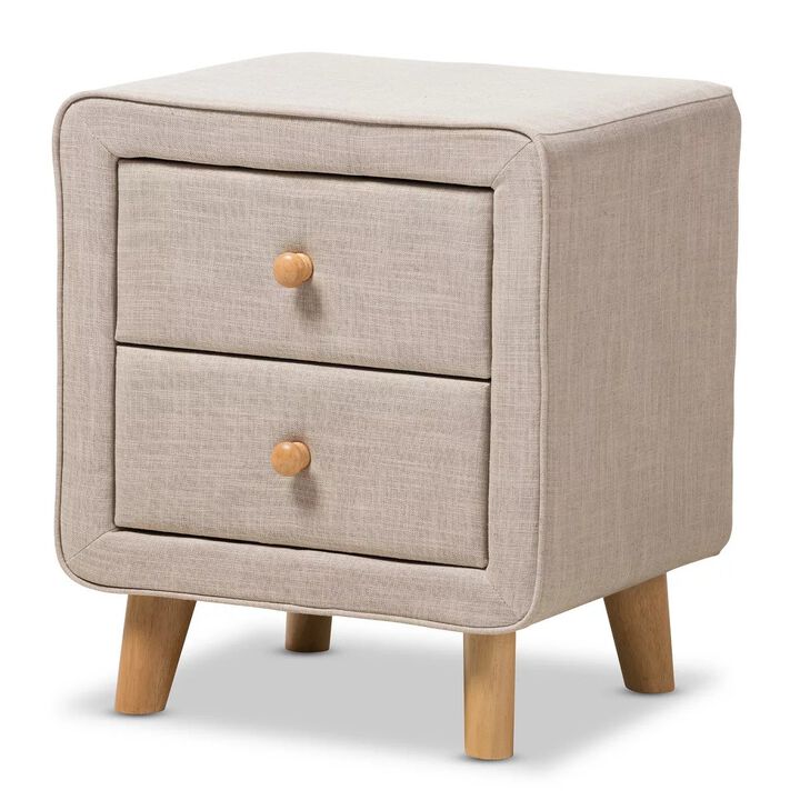 Baxton Studio Jonesy Mid-Century Beige Linen Upholstered 2-Drawer Nightstand