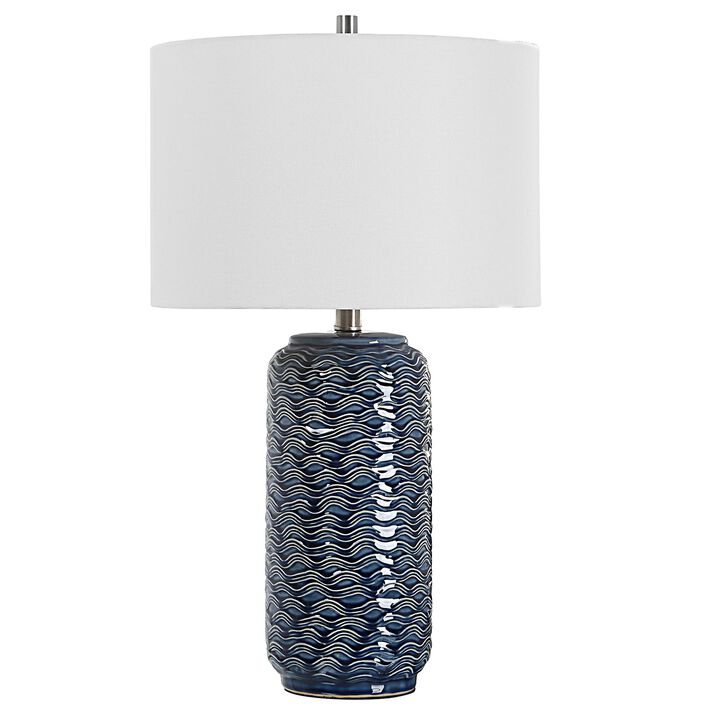 27 Inch Ceramic Table Lamp, Wavy Texture, Blue, Silver, White-Benzara