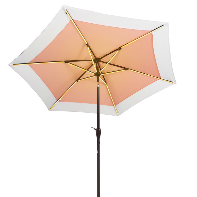 Spencer Classic Coastal 2-Tone Solar LED Market Patio Umbrella with 12 LED Strip Lights, Auto-Tilt, Crank and UV Protection