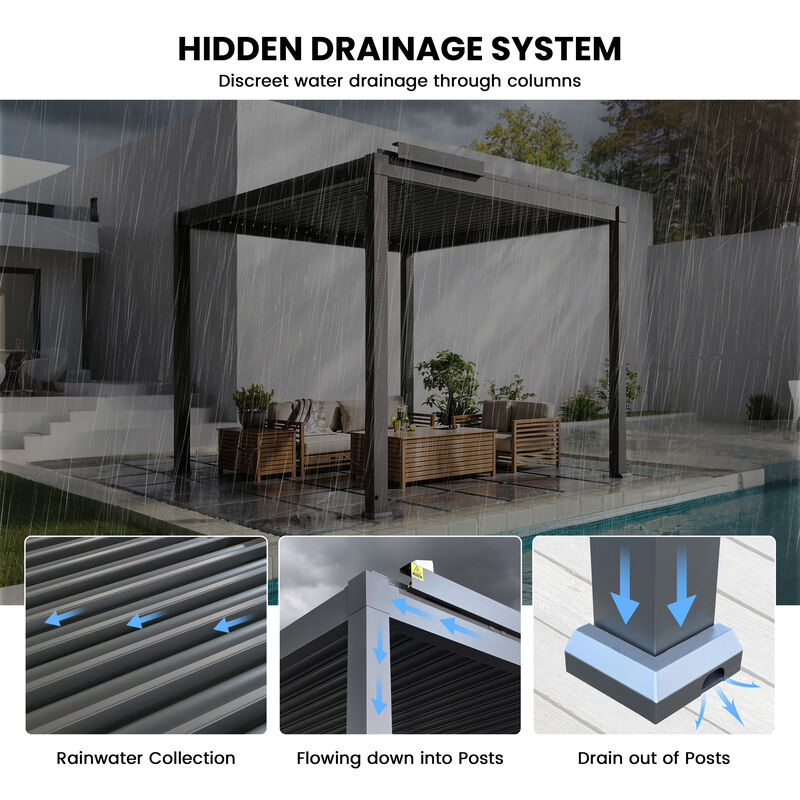 Mondawe 10x10FT Electric Aluminum Louver Pergola with Integrated LED Lights and Smart Solar Rain Sensor - Gray image number 4