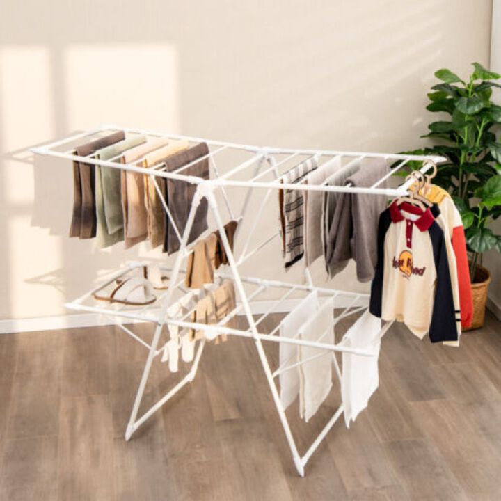 2-Level Foldable Clothes Drying Rack with Height-Adjustable Gullwings
