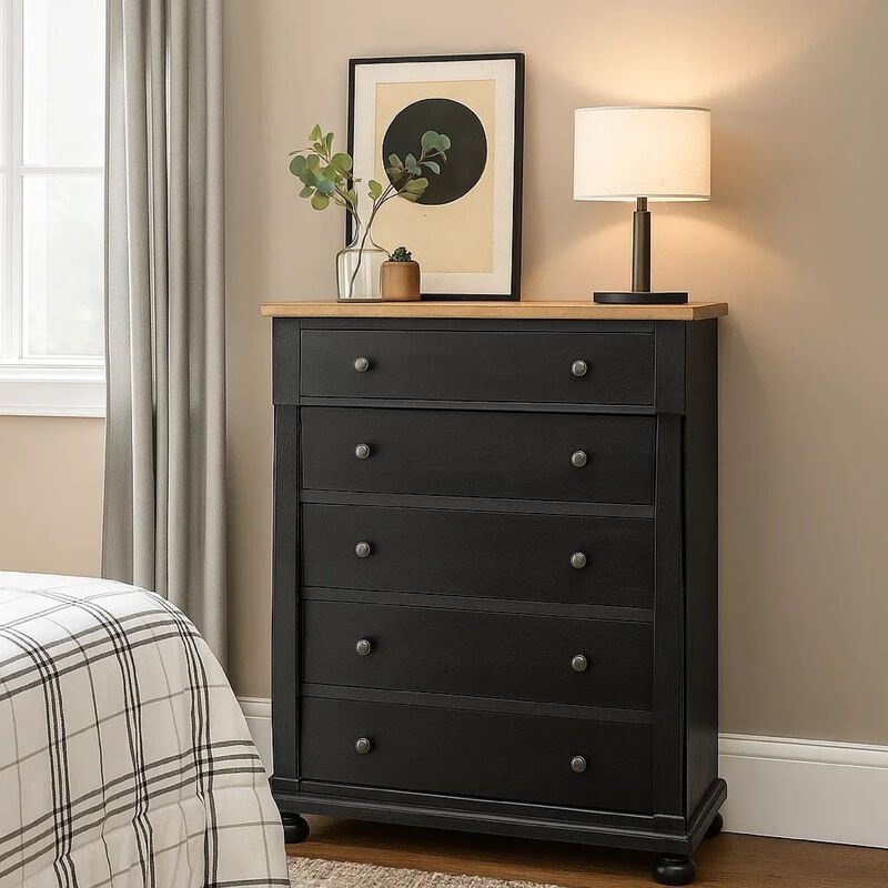 Ginie Tall Dresser Chest, 5 Drawers and Farmhouse Legs, Black Brown