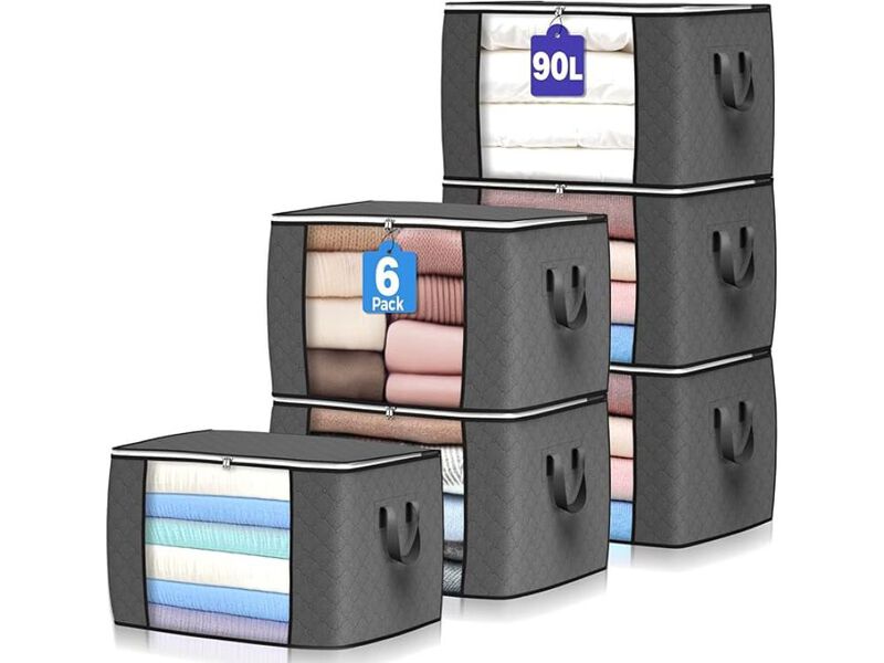 90L Large Storage Bags 6 Pack Foldable Closet Organizer Bins Gray Boxes image number 0