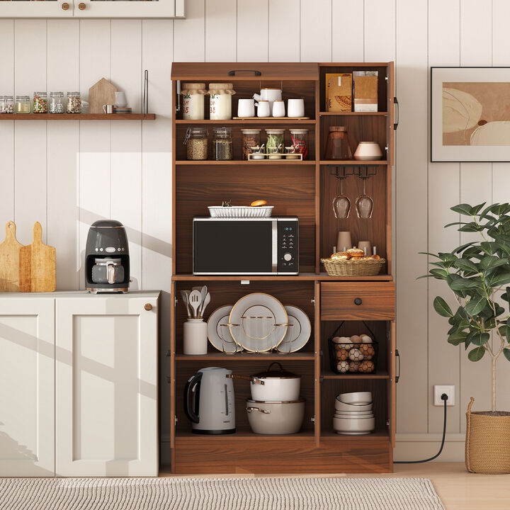 Kitchen Pantry Cabinet 66 Inch with Charging Station and Microwave Shelf &ndash; Brown