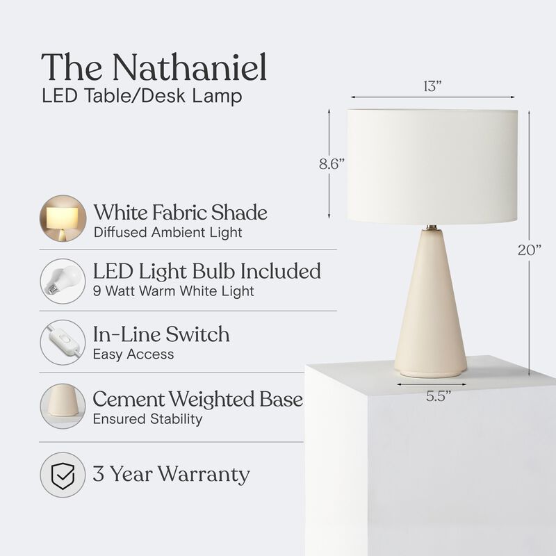 Brightech Nathaniel Cement LED Table Lamp - Sleek Minimalist Design with Cream Cotton Drum Shade - Eco-Friendly, Energy-Efficient Light for Urban and Coastal Decor