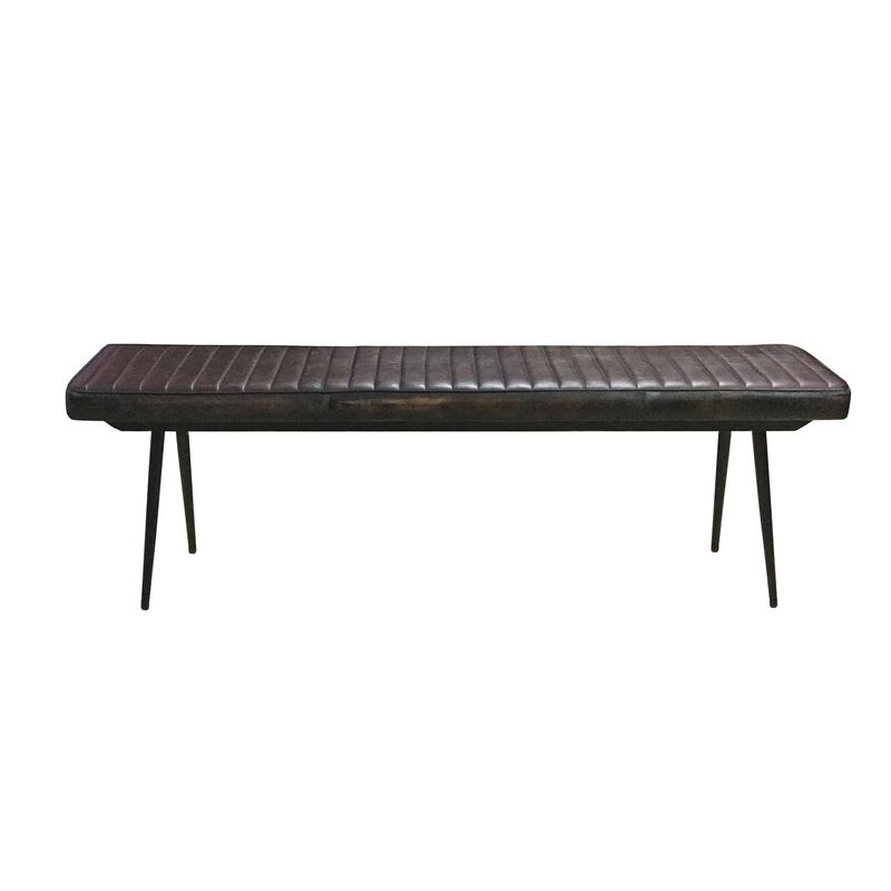 Mia 54 Inch Bench, Hand Dyed Espresso Brown Leather, Vertical Tufting  - Benzara