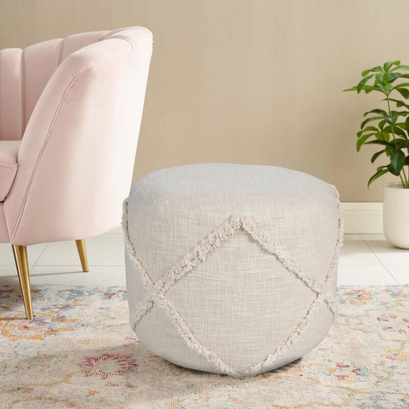 Hivvago 18 Inch Cream Cotton Cylinder Geometric Pouf Ottoman