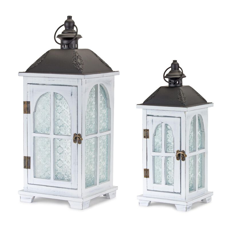 HomeRoots Set of Two White And Black Distressed Ornate Glass Wood And Metal Floor Lantern Candle Holders image number 0