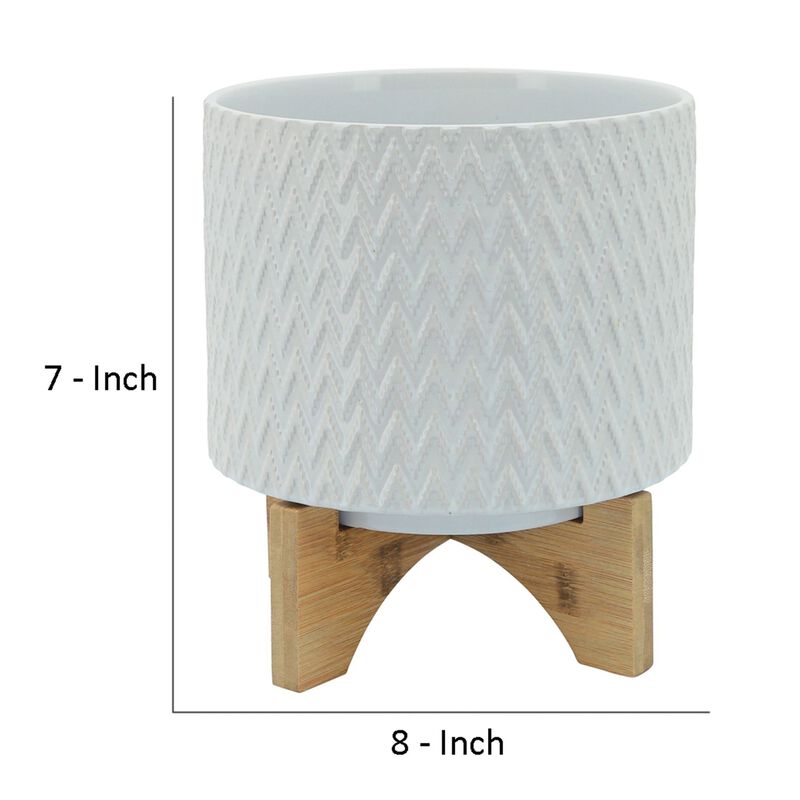 Ceramic Planter with Chevron Pattern and Wooden Stand, Small, White-Benzara