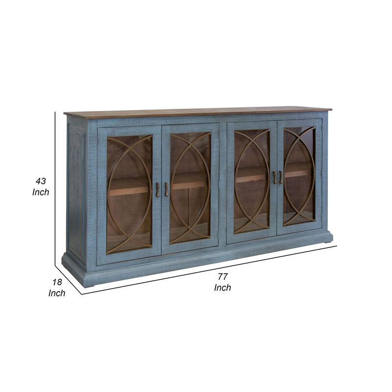 Miln 77 Inch Sideboard Console, Blue Pine Wood, 4 Doors, Gold Accents image number 4