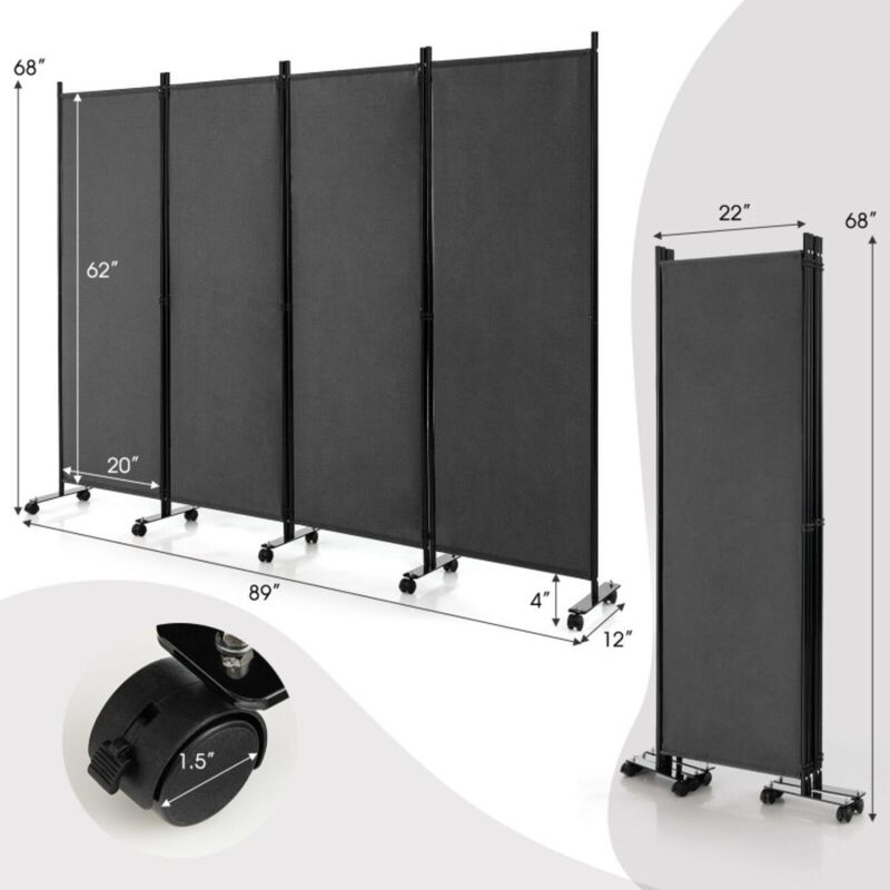 Hivvago 4-Panel Folding Room Divider 6 Feet Rolling Privacy Screen with Lockable Wheels